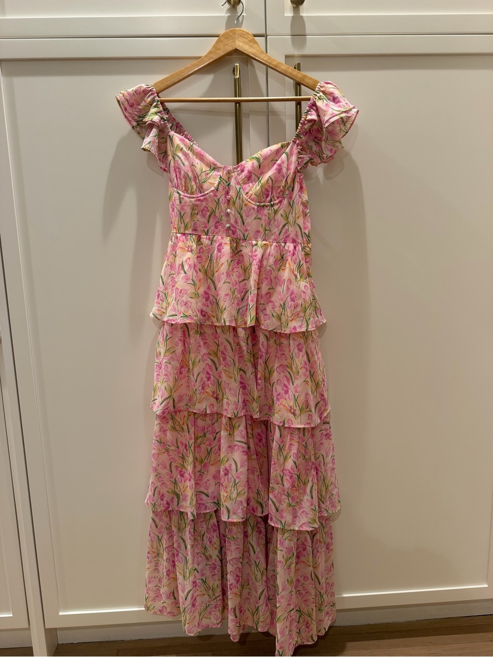 REVOLVE Pink Floral Tiered Maxi Dress with Ruffle Straps